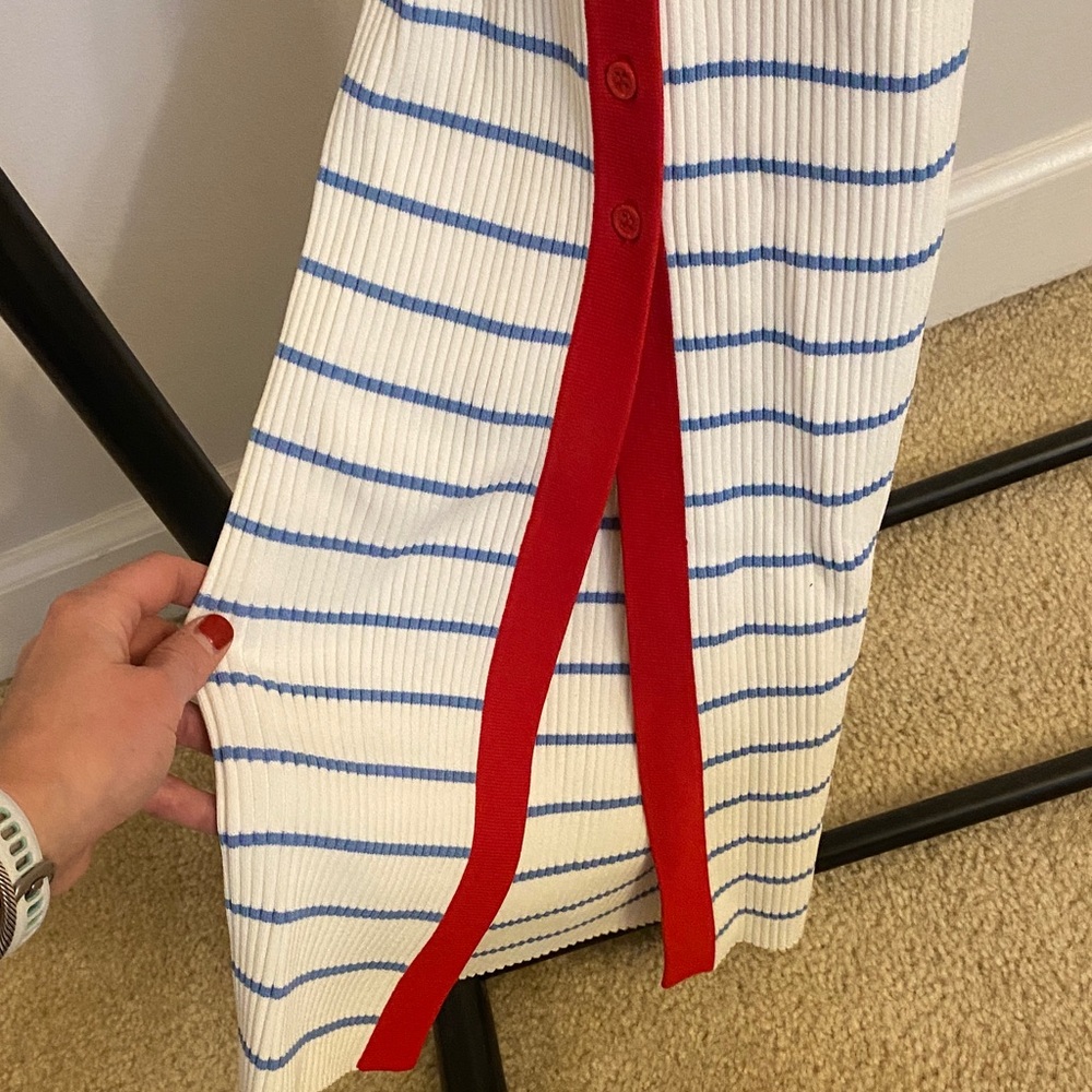 STAUD Shoko White and Blue Striped Sweater Dress with Red Accents - Picture 4 of 6